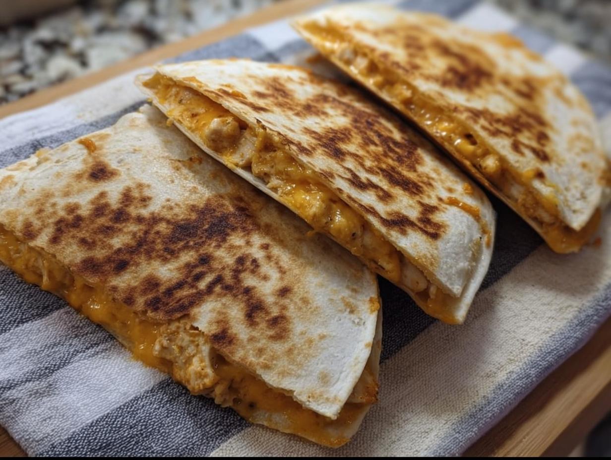 Three slices of a golden-brown High-Protein Chicken Ranch Quesadilla, showing melted cheese and chicken filling.