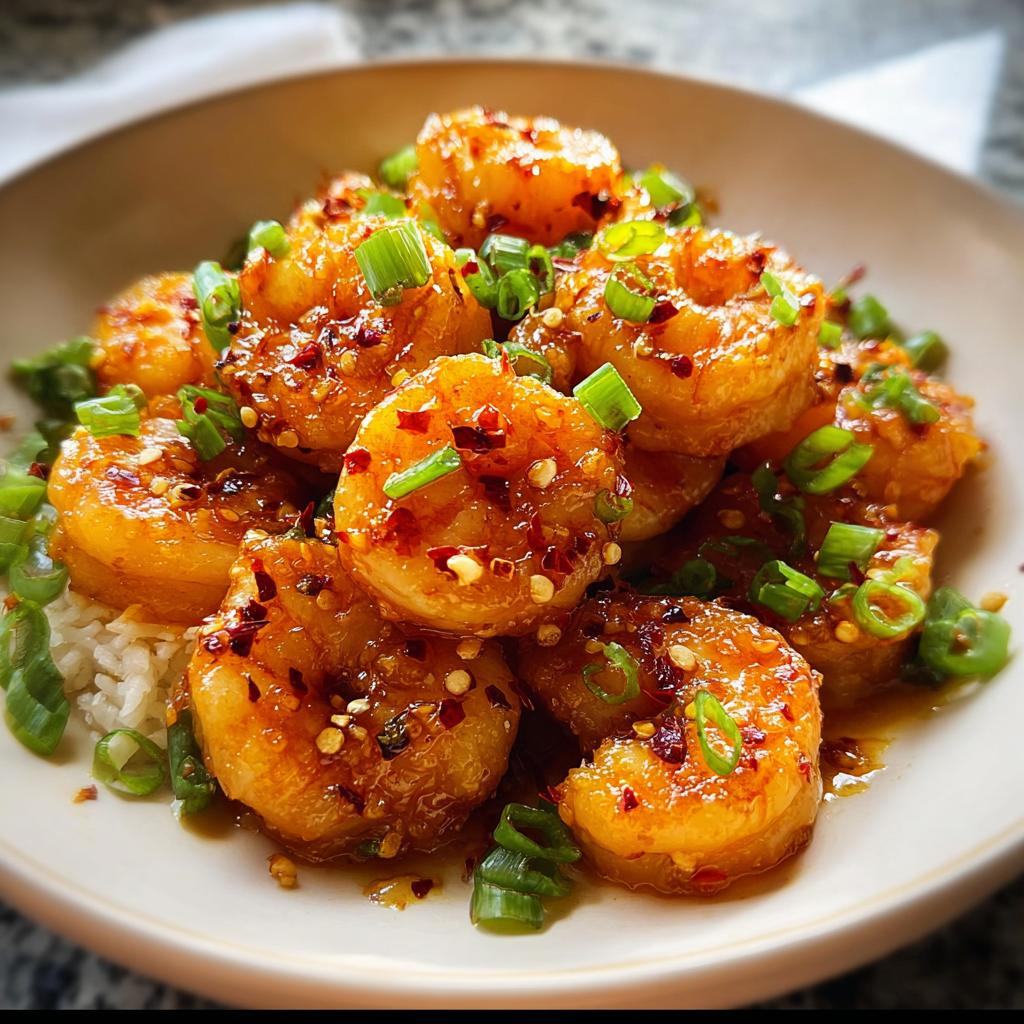 A close-up of glistening High-Protein Honey Garlic Shrimp piled on white rice, garnished with chopped green onions and red pepper flakes.
