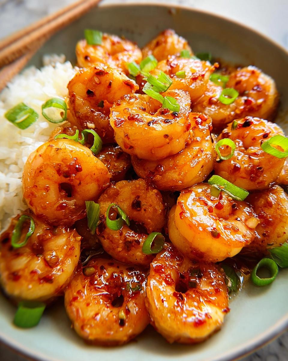 A close-up of glistening High-Protein Honey Garlic Shrimp served over fluffy white rice, garnished with chopped green onions.