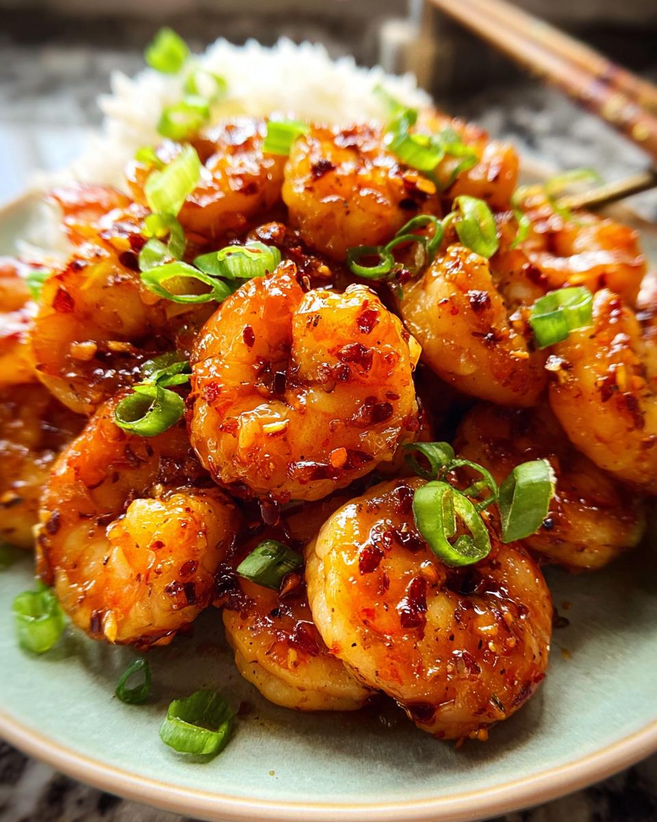 A close-up of glistening High-Protein Honey Garlic Shrimp piled on a bed of white rice, garnished with chopped green onions.