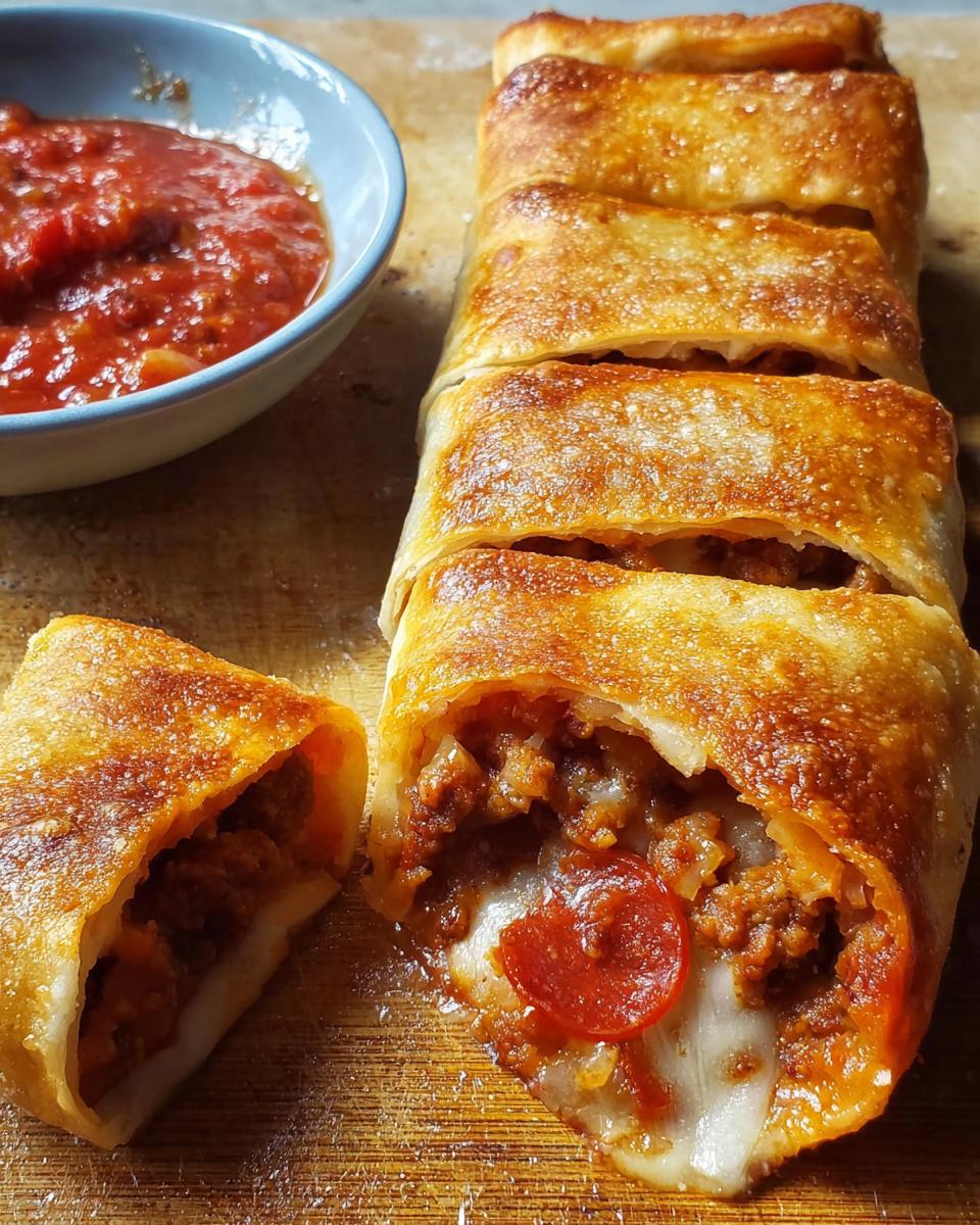 Close-up of golden brown HIGH PROTEIN Pepperoni Pizza Rolls, one cut open to reveal melted cheese, pepperoni, and meat filling.