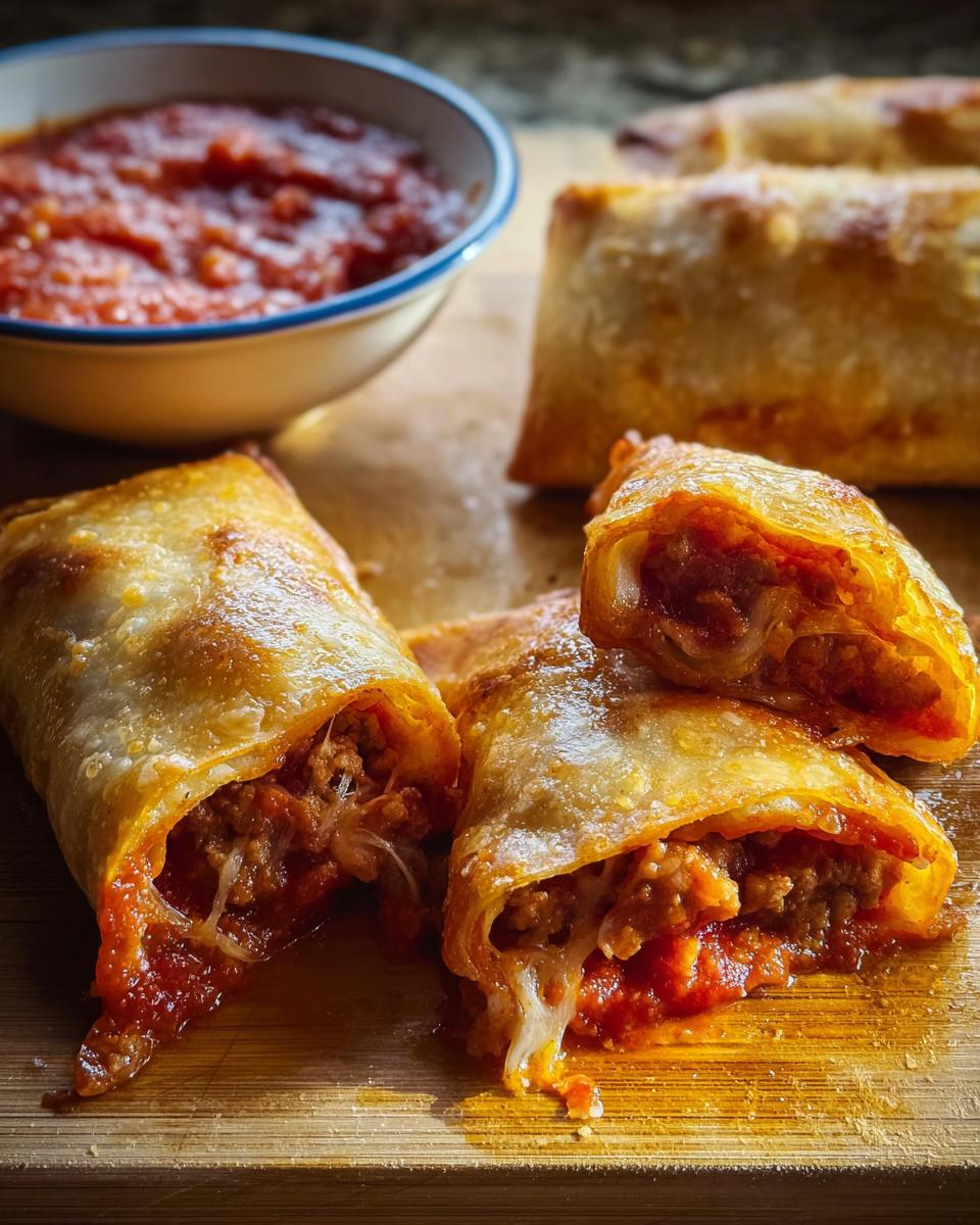 Close-up of HIGH PROTEIN Pepperoni Pizza Rolls, one split open revealing melted cheese and pepperoni filling, with a bowl of marinara sauce in the background.