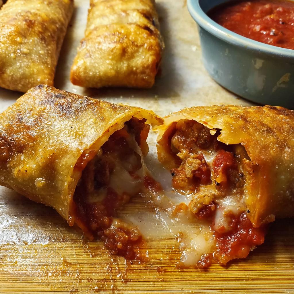 A close-up of a HIGH PROTEIN Pepperoni Pizza Roll, split open to reveal melted cheese and pepperoni filling.