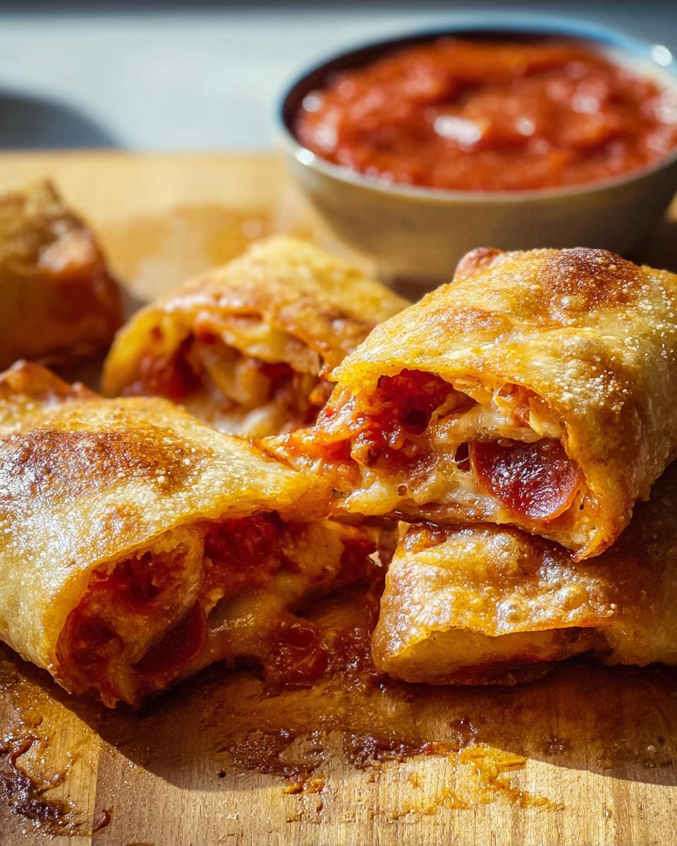 A close-up of golden-brown HIGH PROTEIN Pepperoni Pizza Rolls, showing melted cheese and pepperoni inside, with a bowl of marinara sauce in the background.
