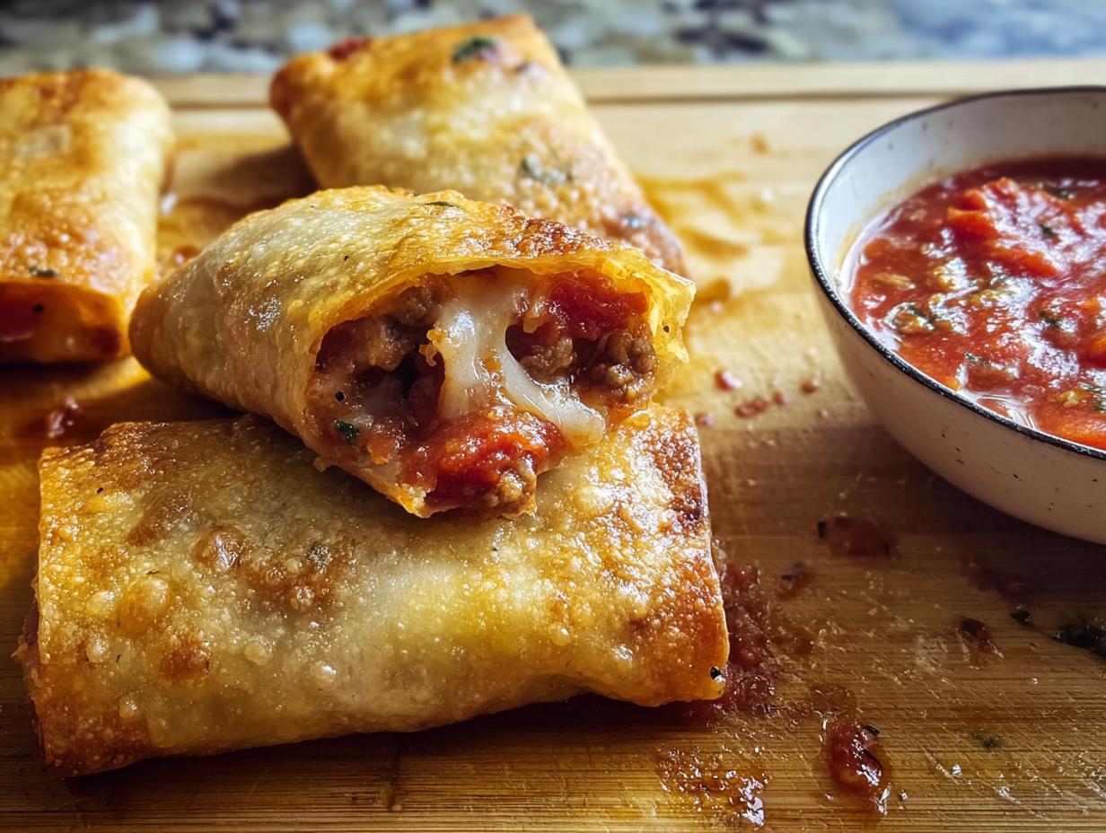 Close-up of HIGH PROTEIN Pepperoni Pizza Rolls, one split open showing melted cheese and filling, with a bowl of marinara sauce.