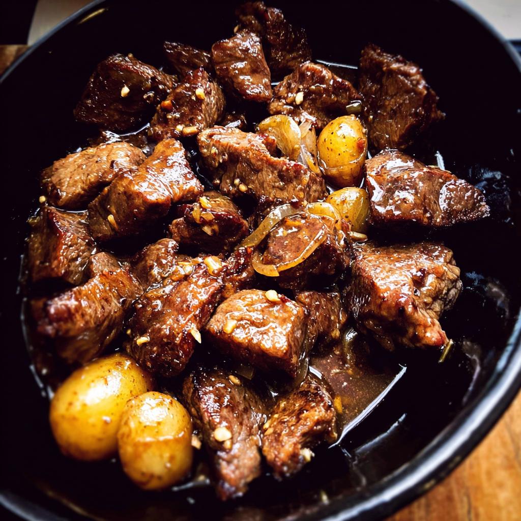A bowl filled with tender High Protein Slow Cooker Garlic Butter Beef Bites and small potatoes, coated in a rich sauce.