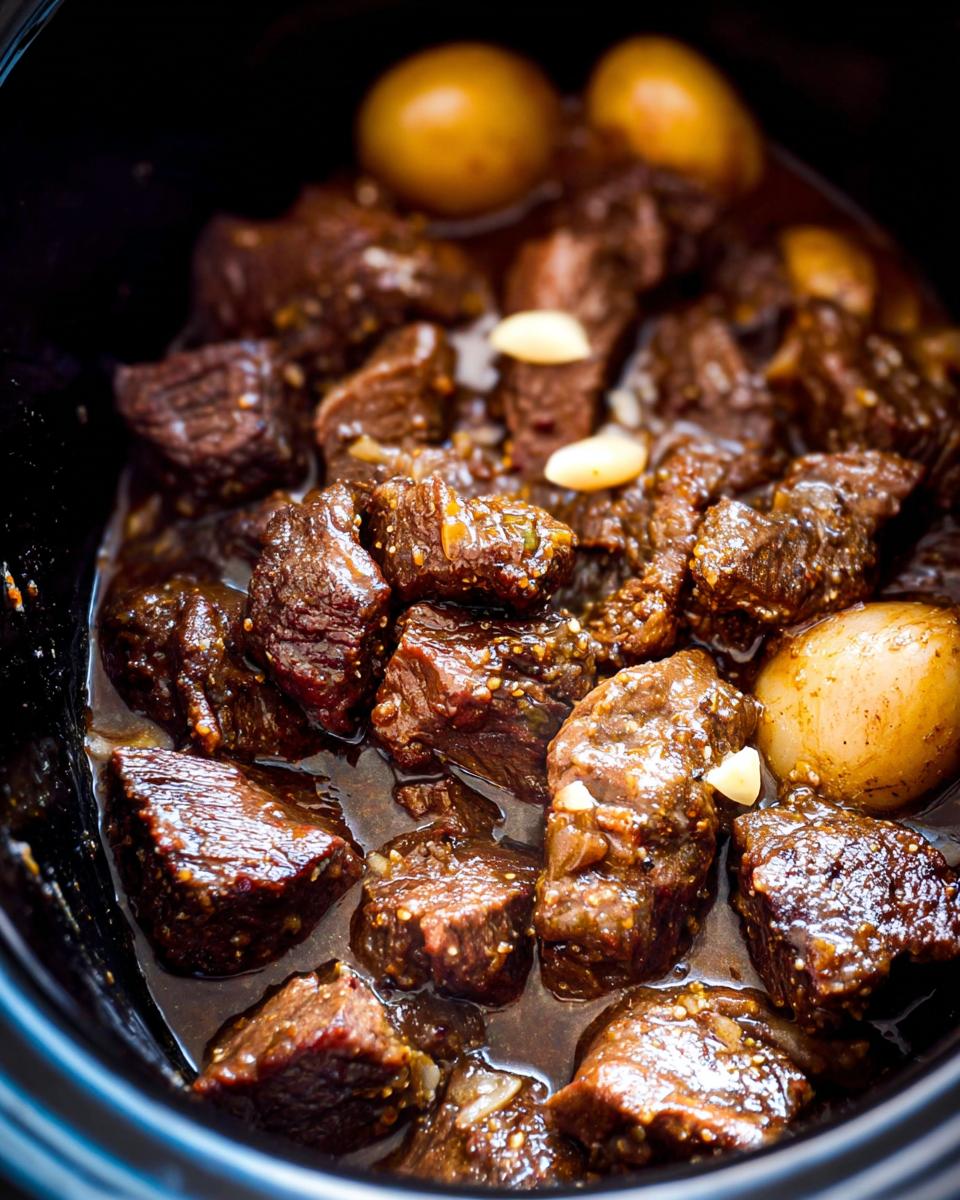 Close-up of tender High Protein Slow Cooker Garlic Butter Beef Bites with garlic cloves and small potatoes in a dark sauce.