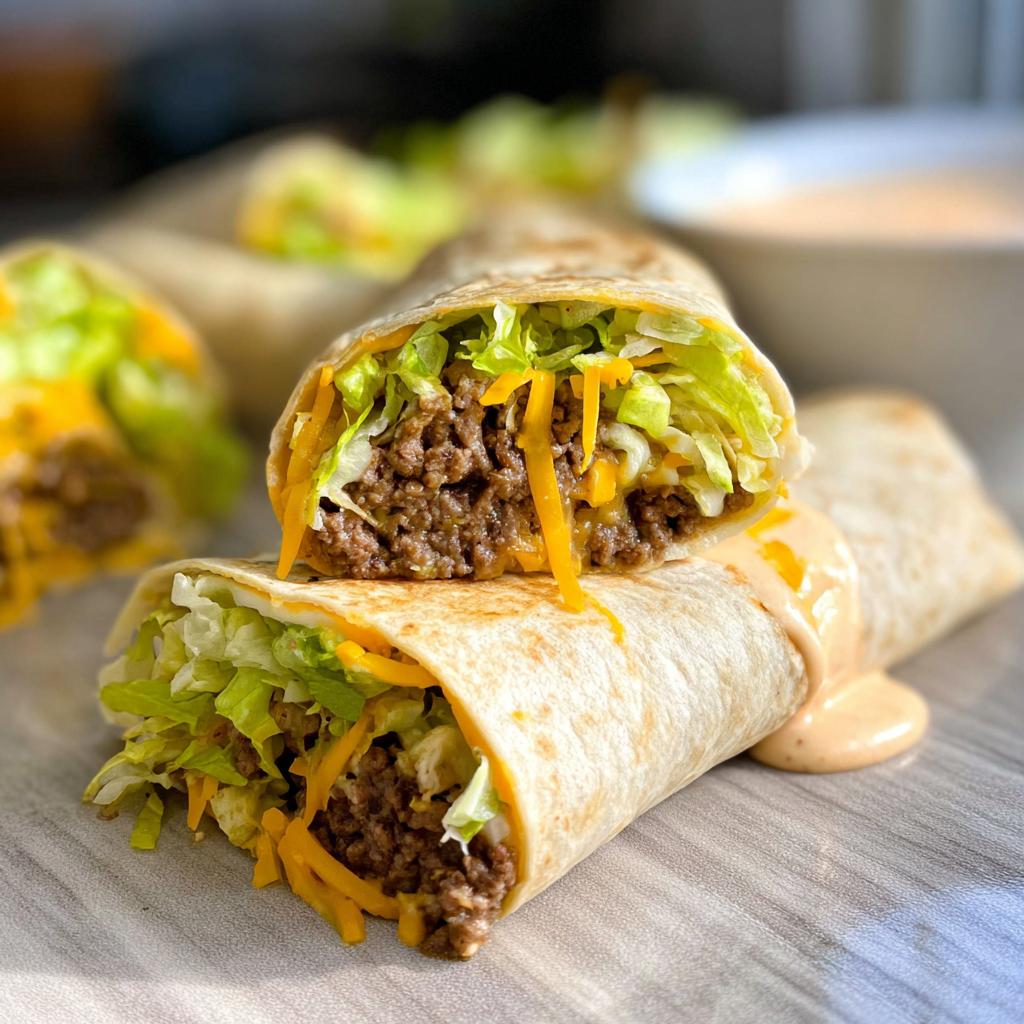 Close-up of a Homemade Big Mac Wrap cut in half, showing seasoned ground beef, shredded lettuce, and cheddar cheese, drizzled with sauce.