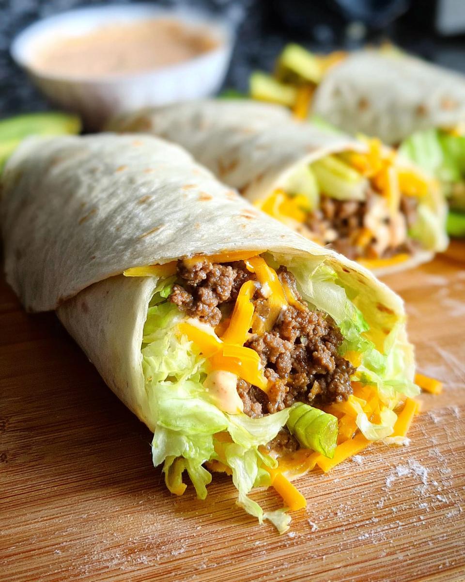 Close-up of Homemade Big Mac Wraps filled with seasoned ground beef, shredded lettuce, cheddar cheese, and special sauce.
