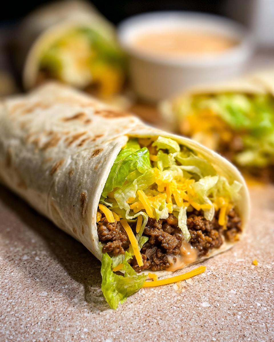 Close-up of a Homemade Big Mac Wrap filled with seasoned ground beef, shredded lettuce, and cheddar cheese.