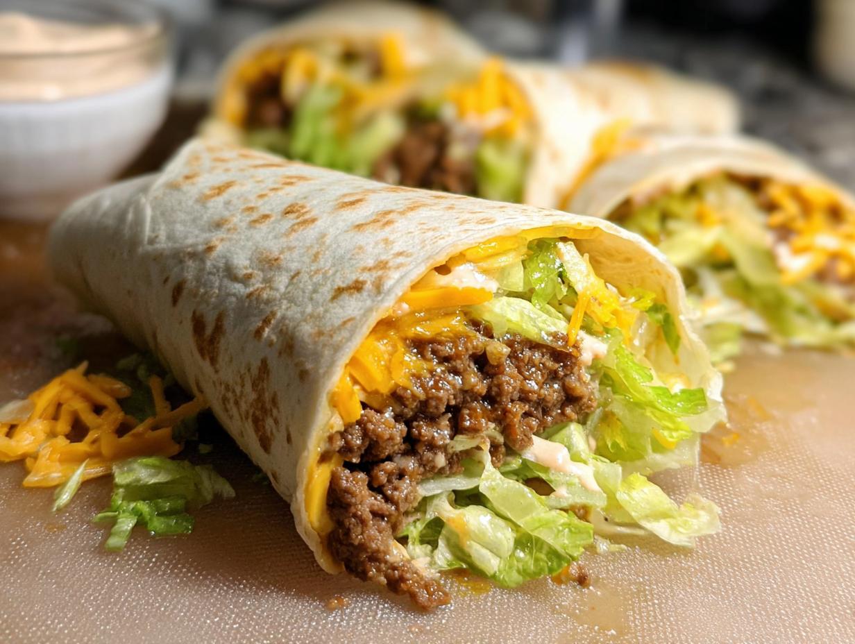 Close-up of a Homemade Big Mac Wrap filled with seasoned ground beef, shredded lettuce, and melted cheddar cheese.