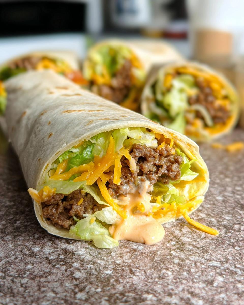 Close-up of a Homemade Big Mac Wrap filled with seasoned ground beef, shredded lettuce, shredded cheese, and sauce.