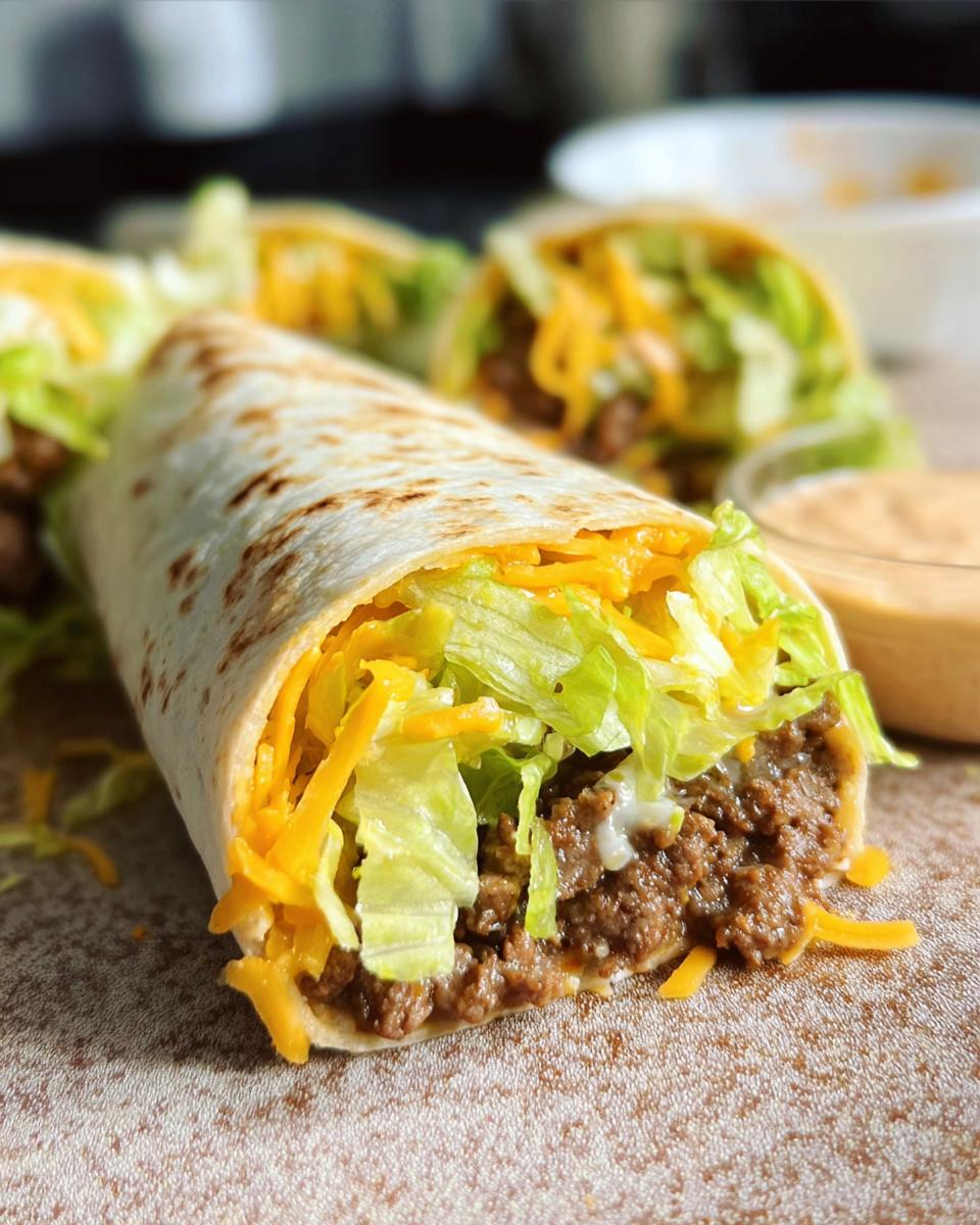 Close-up of a Homemade Big Mac Wrap filled with seasoned ground beef, shredded lettuce, and cheddar cheese.