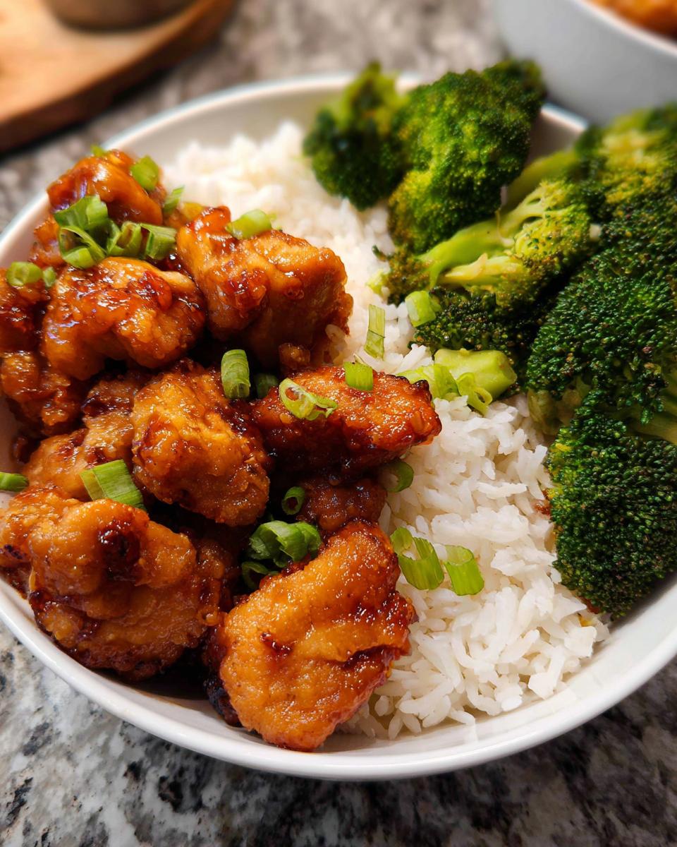 A close-up of a Honey Garlic Pork Rice Bowl featuring glazed pork pieces, white rice, and steamed broccoli florets, garnished with green onions.