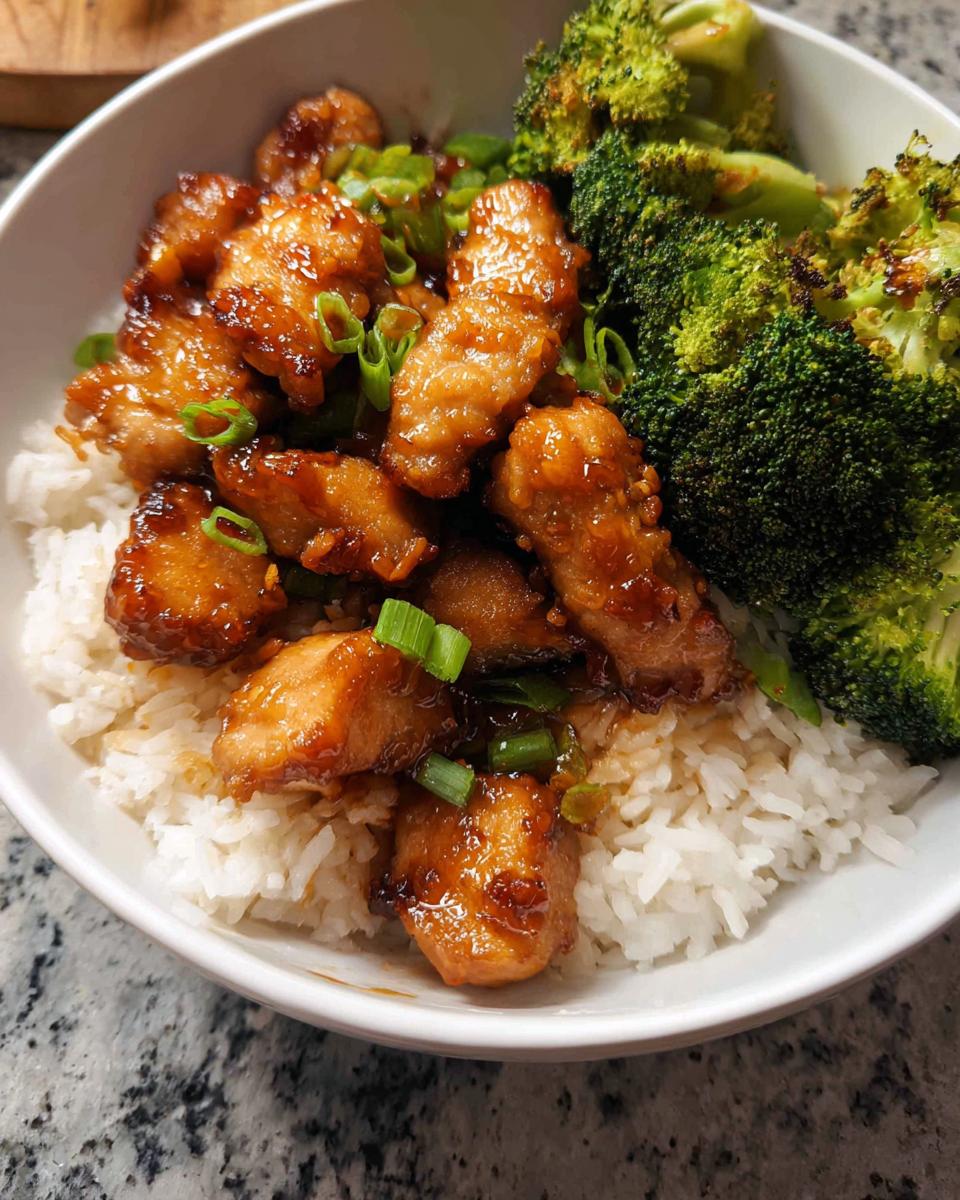 A delicious Honey Garlic Pork Rice Bowl featuring glazed pork, white rice, and roasted broccoli, garnished with green onions.