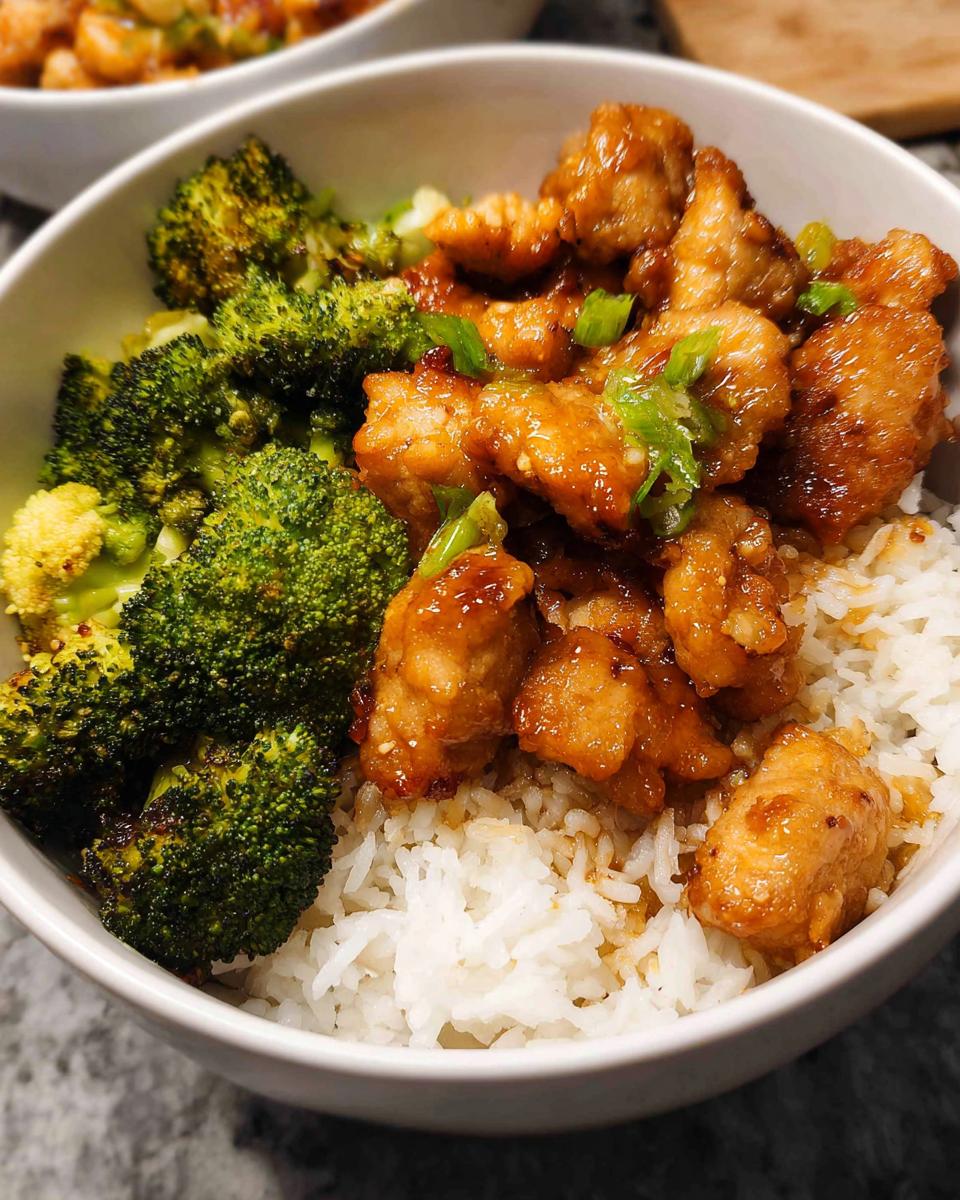 A close-up of a Honey Garlic Pork Rice Bowl featuring tender pork pieces coated in glaze, served over white rice with steamed broccoli.