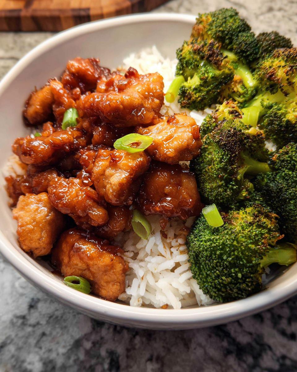 A delicious Honey Garlic Pork Rice Bowl featuring glazed pork pieces, white rice, and roasted broccoli florets, garnished with green onions.
