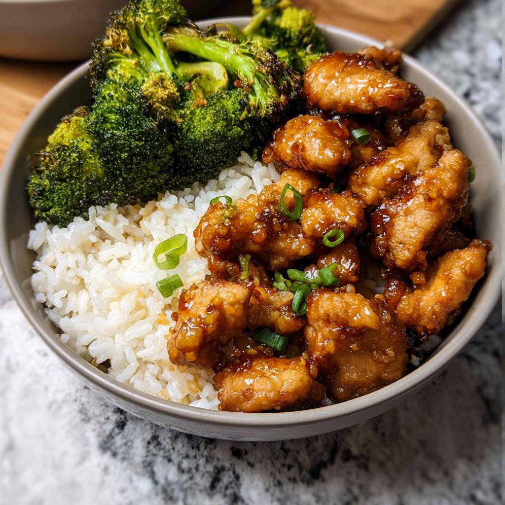 A close-up of a Honey Garlic Pork Rice Bowl with tender pork pieces, white rice, and roasted broccoli, garnished with green onions.