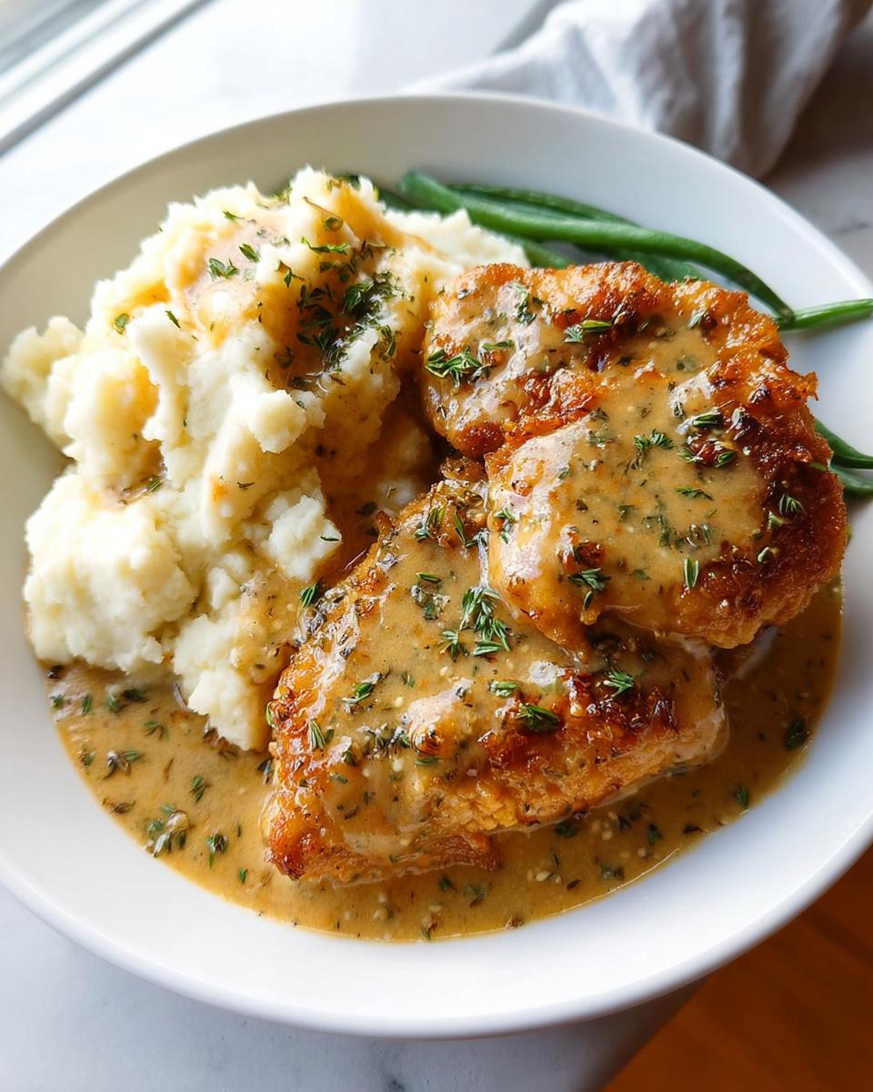 A white bowl filled with Irresistible Garlic Herb Chicken, creamy mashed potatoes, and green beans, all drizzled with sauce and herbs.