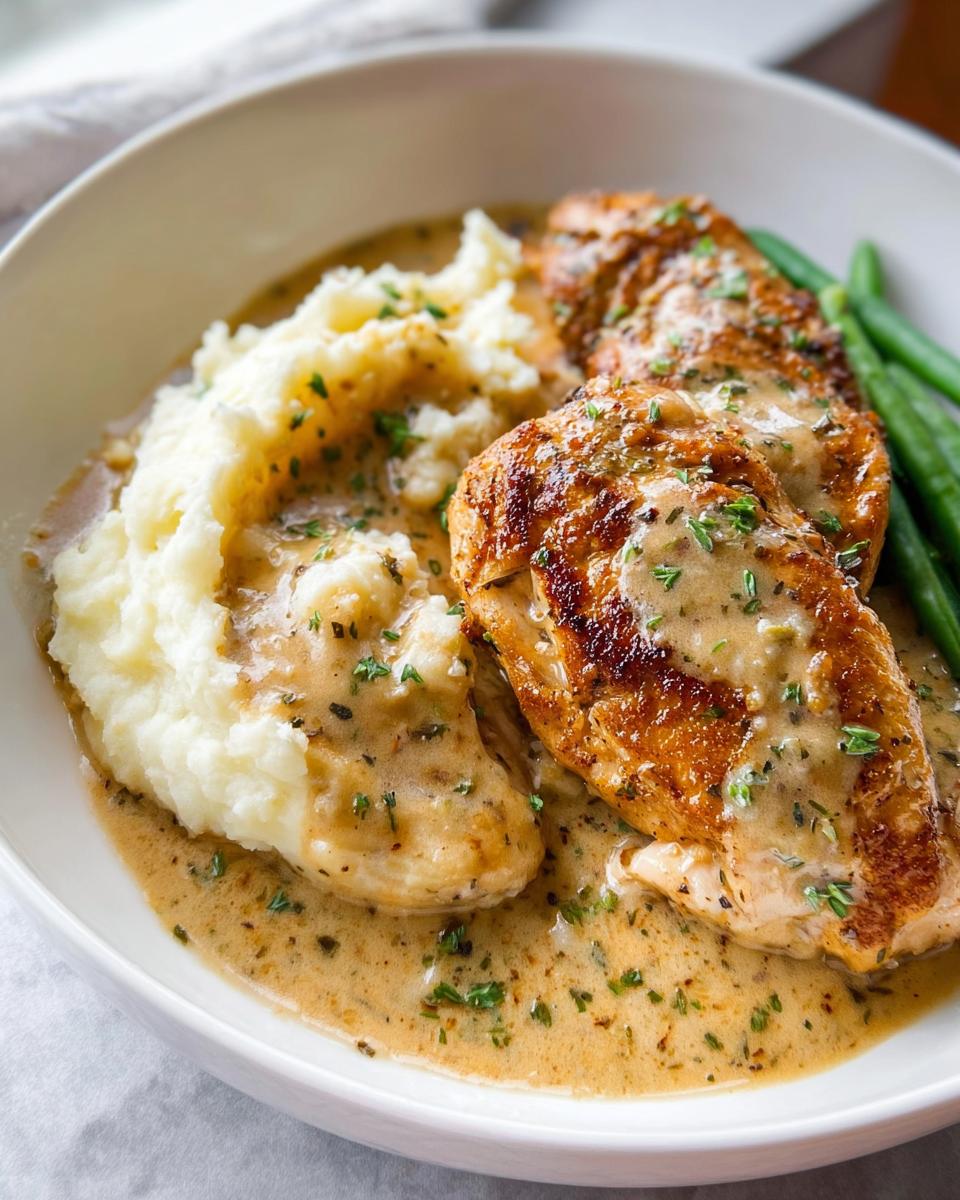 A close-up of Irresistible Garlic Herb Chicken served with creamy mashed potatoes and green beans, all in a rich sauce.