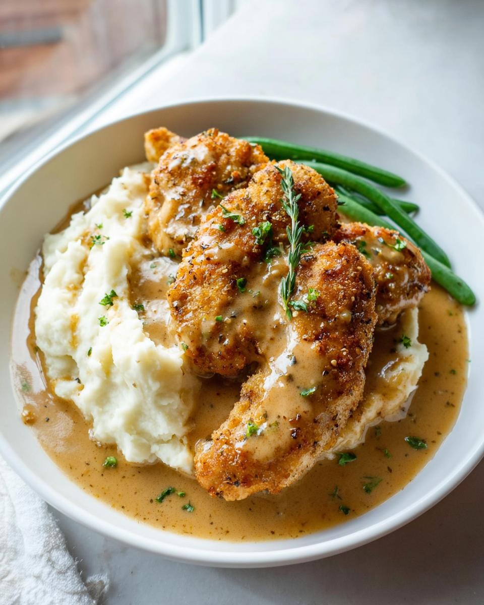 A serving of Irresistible Garlic Herb Chicken with Creamy Mashed Potatoes, drizzled with gravy and garnished with herbs.