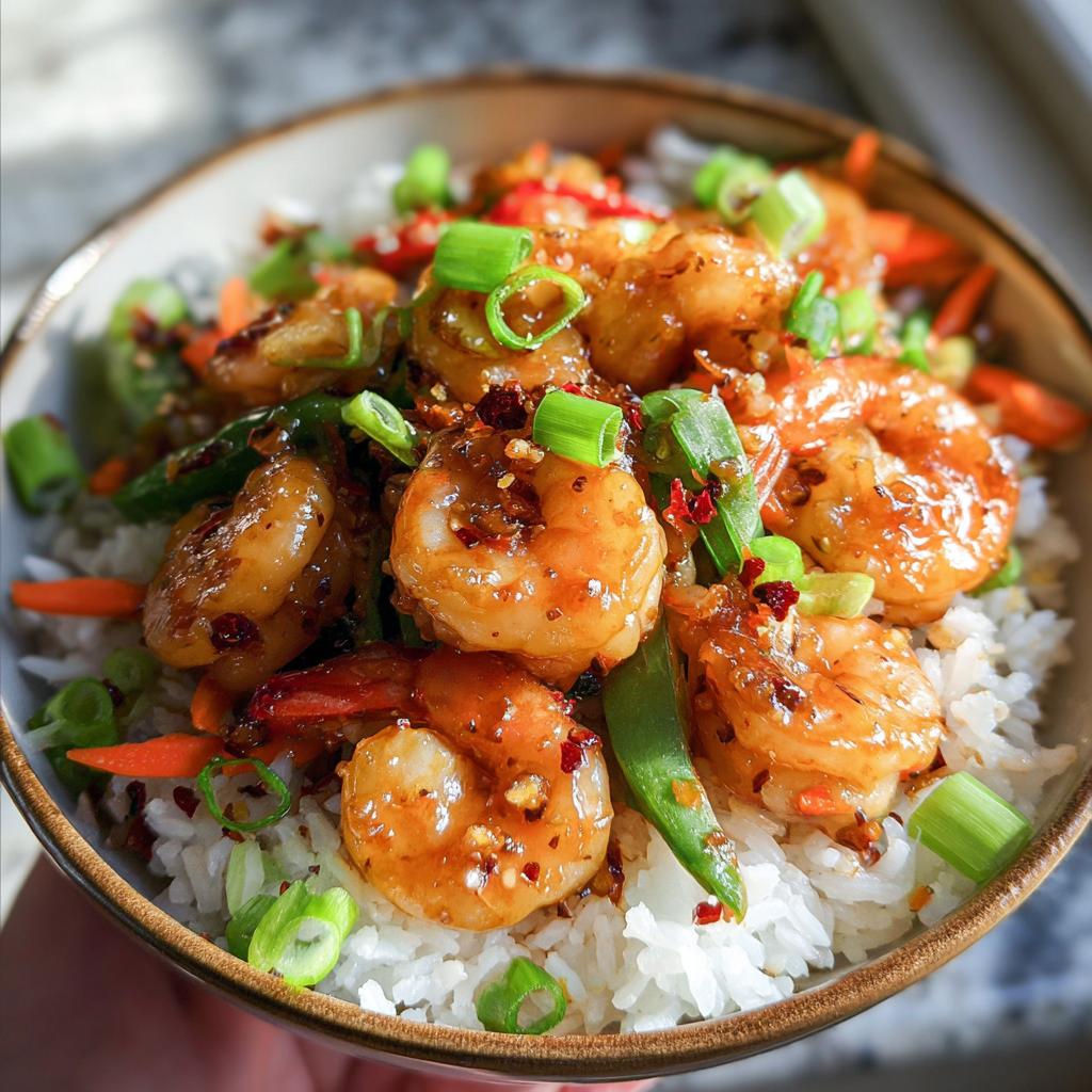 Close-up of Irresistible Honey Garlic Shrimp Bowls with rice, shrimp, and green onions.
