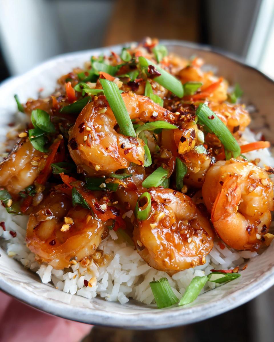 Close-up of Irresistible Honey Garlic Shrimp Bowls with fluffy white rice and garnished with green onions.