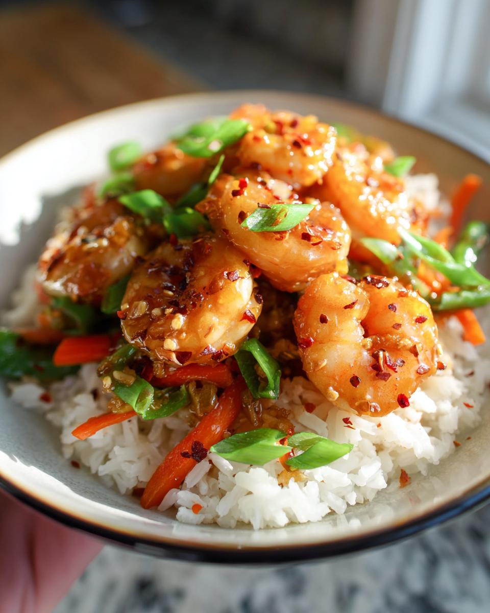 A close-up of Irresistible Honey Garlic Shrimp Bowls with fluffy white rice, vibrant vegetables, and a glistening shrimp topping.
