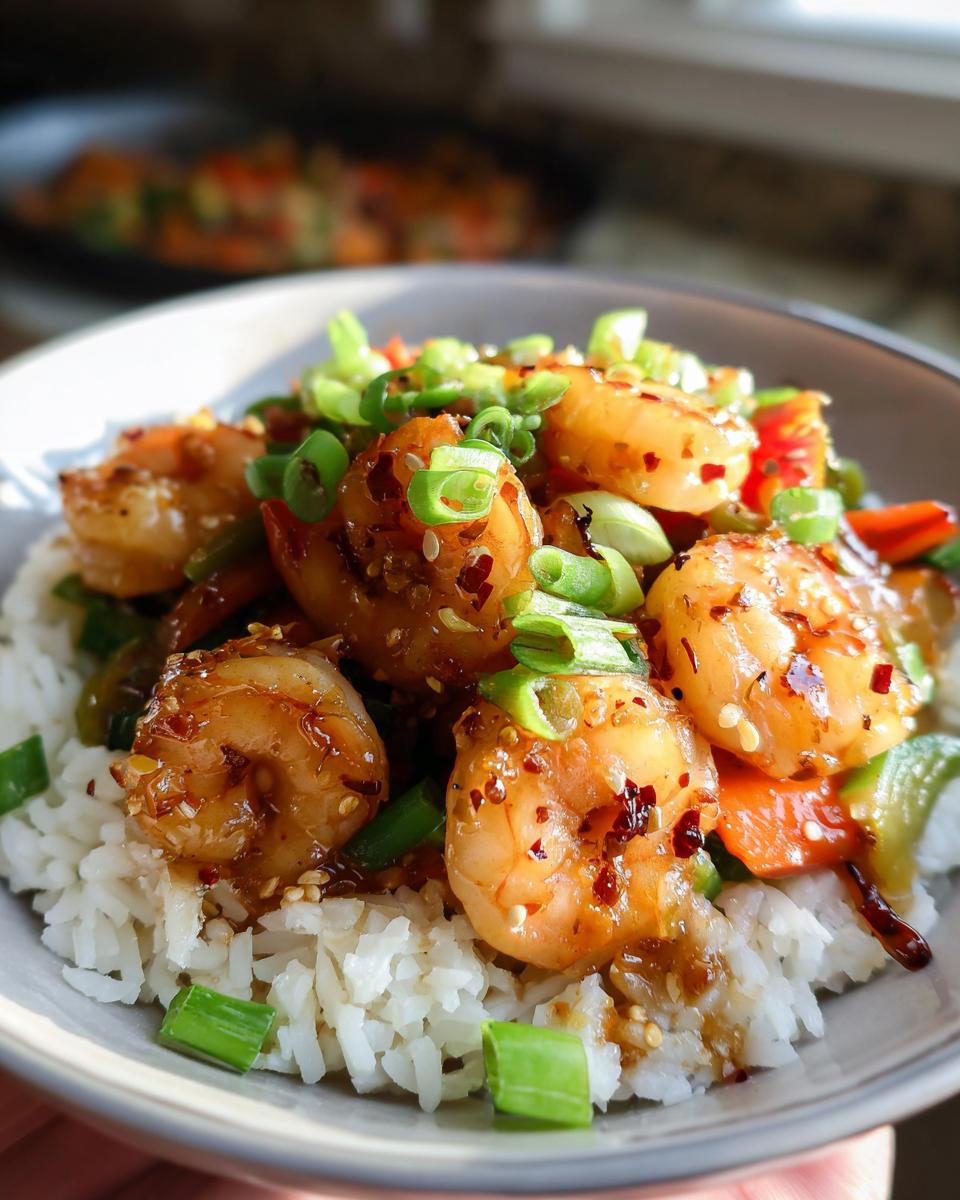 Close-up of Irresistible Honey Garlic Shrimp Bowls with fluffy white rice, topped with succulent shrimp, green onions, and red pepper flakes.