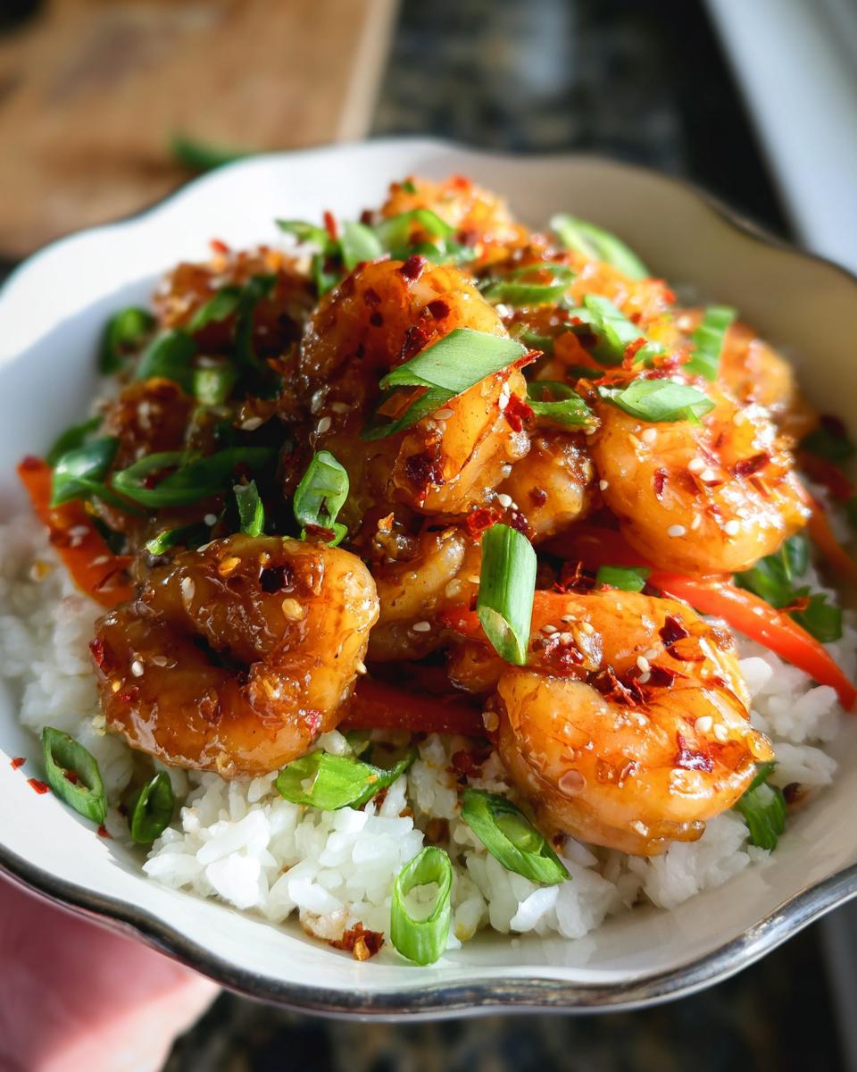 Close-up of Irresistible Honey Garlic Shrimp Bowls served over white rice with green onions and chili flakes.