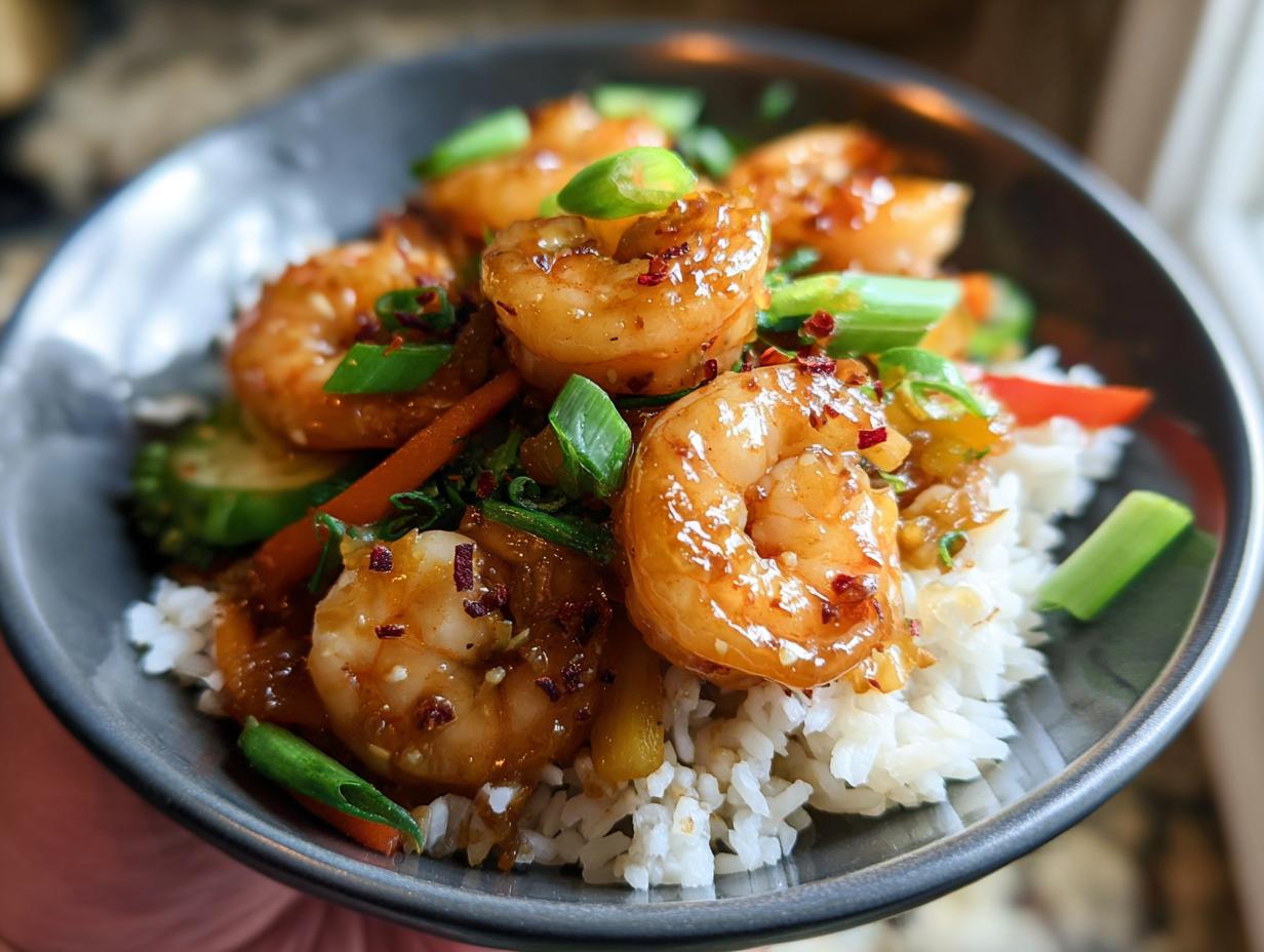 A close-up of Irresistible Honey Garlic Shrimp Bowls, featuring succulent shrimp glazed in sauce over rice with vegetables and scallions.