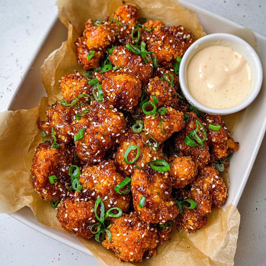 Close-up of Irresistible Sticky Honey Garlic Cauliflower bites, coated in sauce, sprinkled with sesame seeds and green onions, served with dipping sauce.