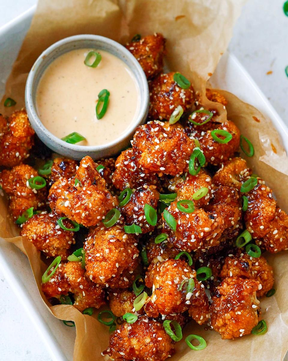 Close-up of Irresistible Sticky Honey Garlic Cauliflower bites, coated in sauce and sesame seeds, with a dipping sauce on the side.