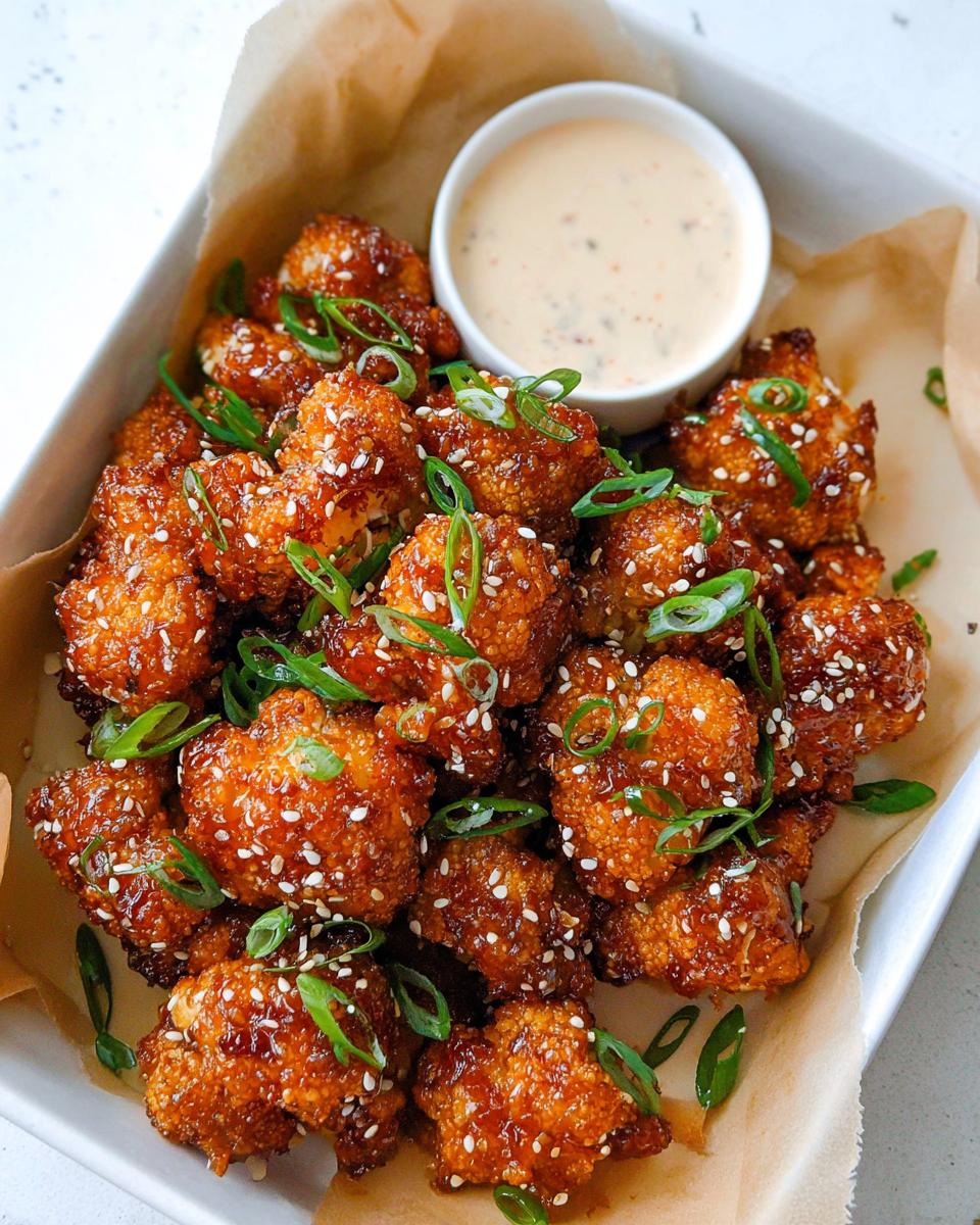 Close-up of Irresistible Sticky Honey Garlic Cauliflower bites, coated in a glossy sauce and sprinkled with sesame seeds and green onions.