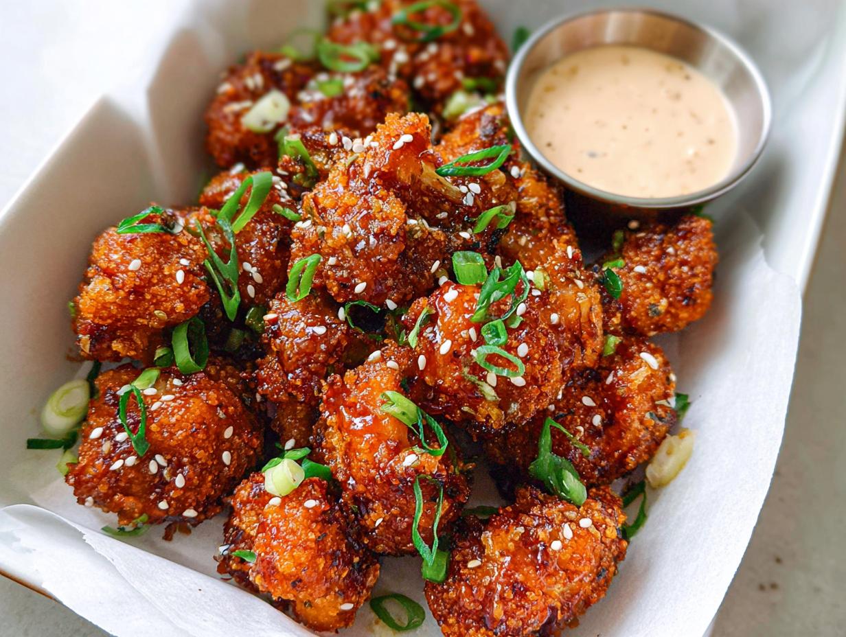 A close-up of Irresistible Sticky Honey Garlic Cauliflower bites, coated in a glossy sauce and sprinkled with sesame seeds and green onions.