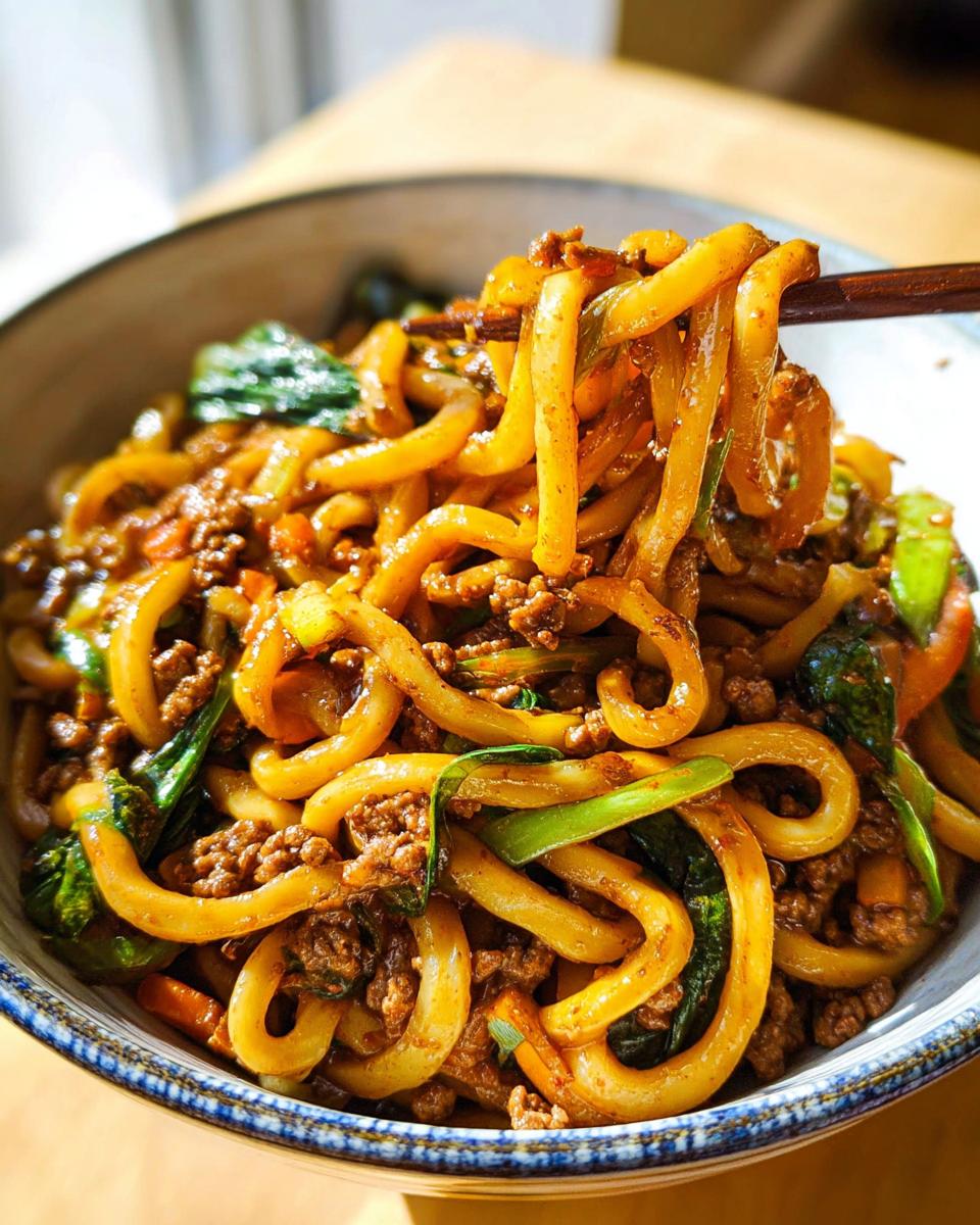 Close-up of a bowl filled with Irresistible Yaki Udon Noodles, featuring thick udon noodles, minced meat, and green vegetables.