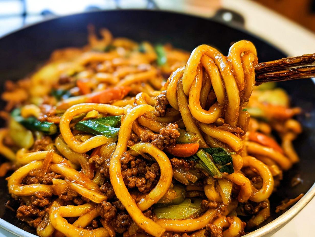 Close-up of thick, chewy udon noodles being lifted with chopsticks from a pan of Irresistible Yaki Udon.