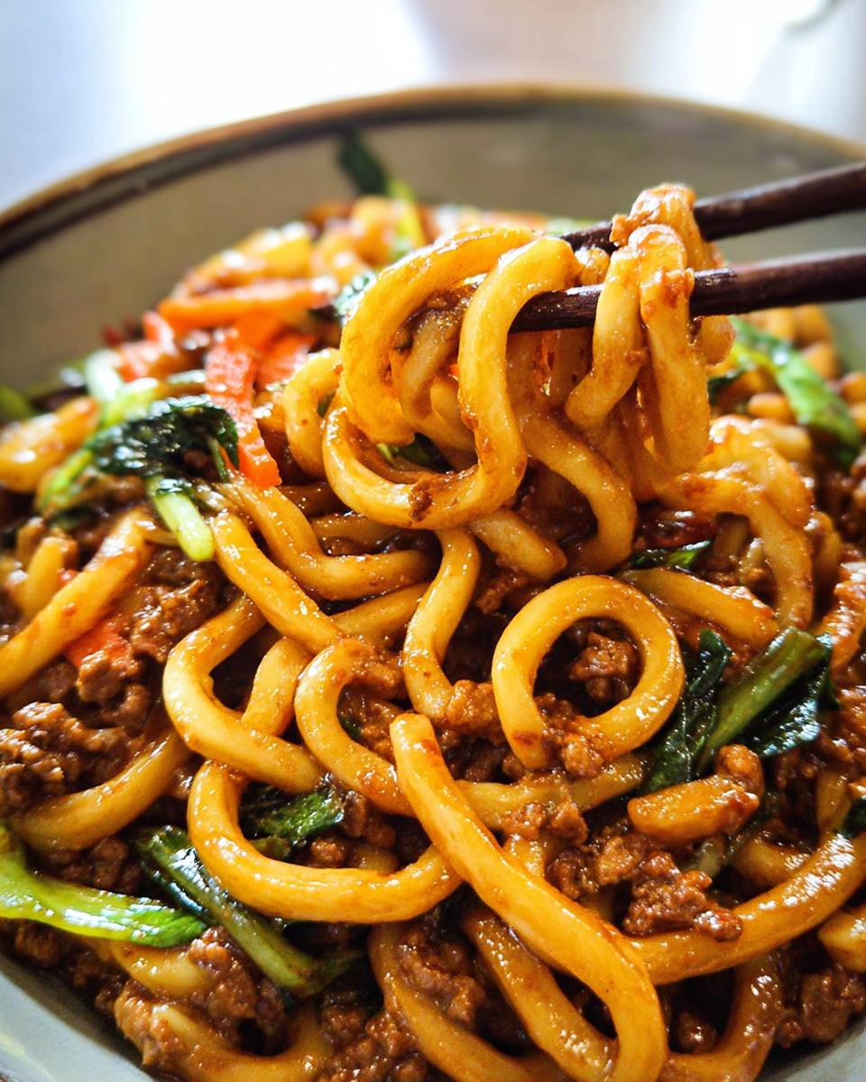 Close-up of thick, chewy udon noodles coated in a savory sauce, mixed with ground meat and vegetables in an Irresistible Yaki Udon Noodle Recipe.