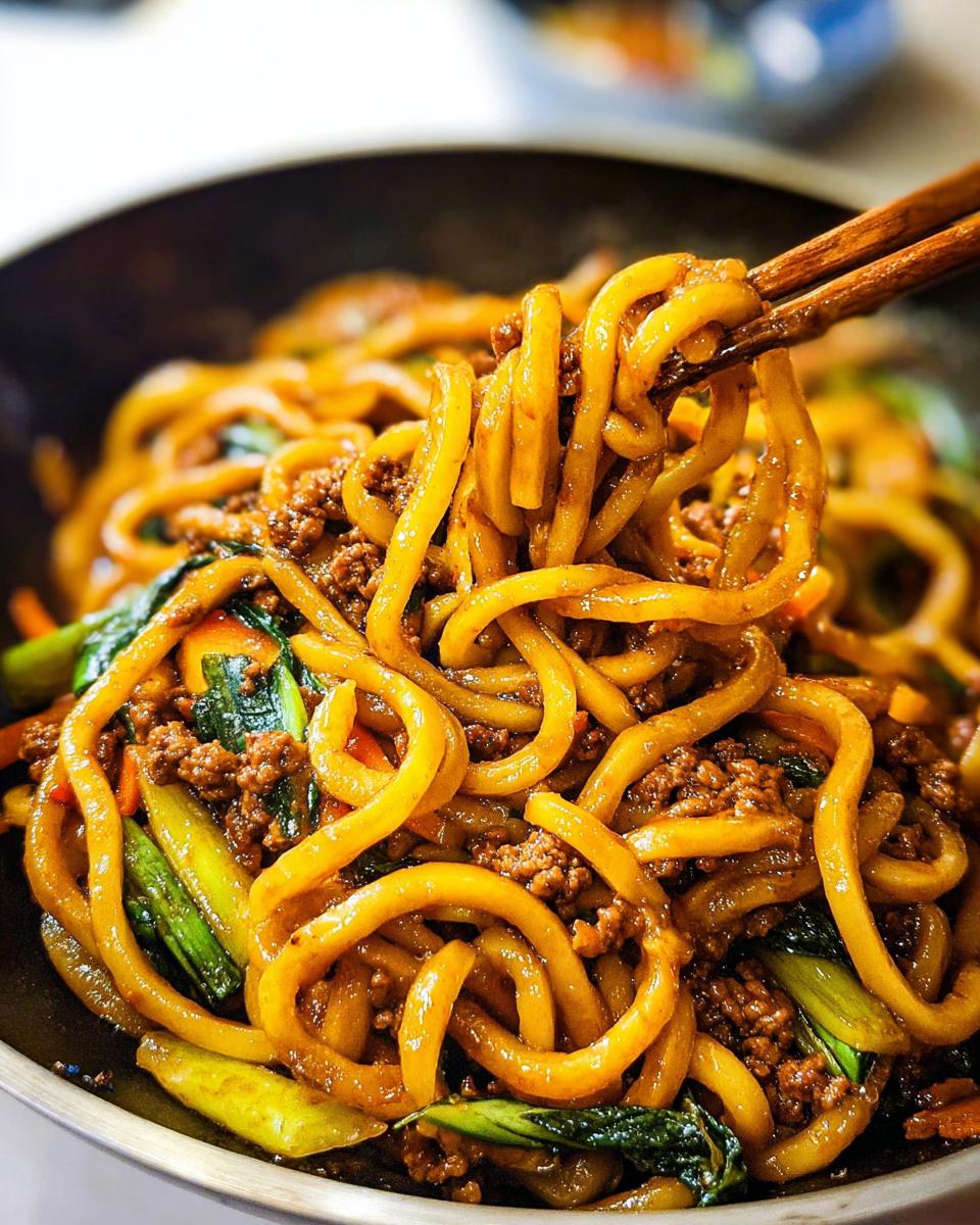 Close-up of a bowl filled with Irresistible Yaki Udon Noodles, featuring thick noodles, ground meat, and green vegetables.