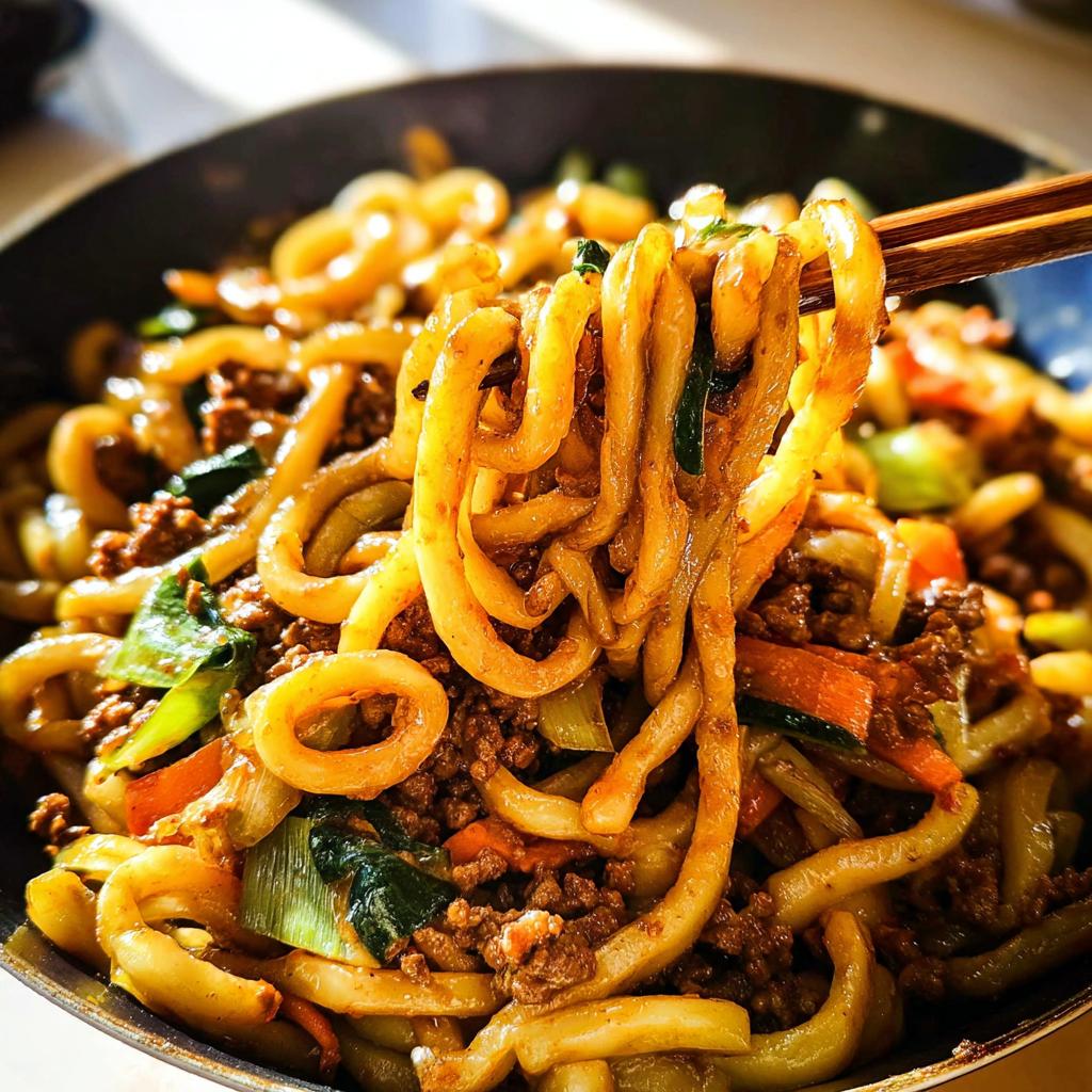 Close-up of a serving of Irresistible Yaki Udon Noodles with ground meat, vegetables, and chopsticks lifting noodles.