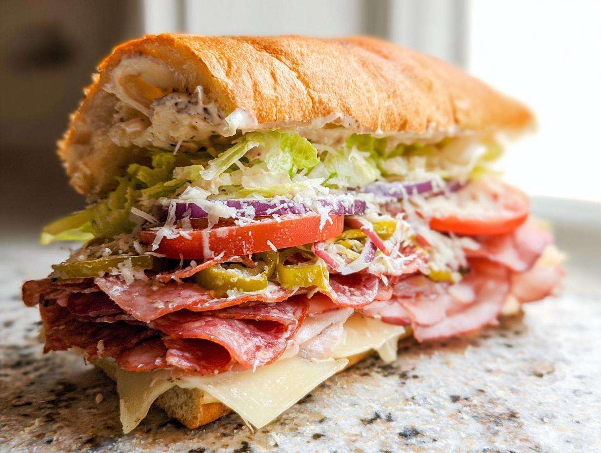 A close-up of a loaded Italian Grinder Salad Sandwich with layers of meat, cheese, lettuce, tomato, onion, and peppers.