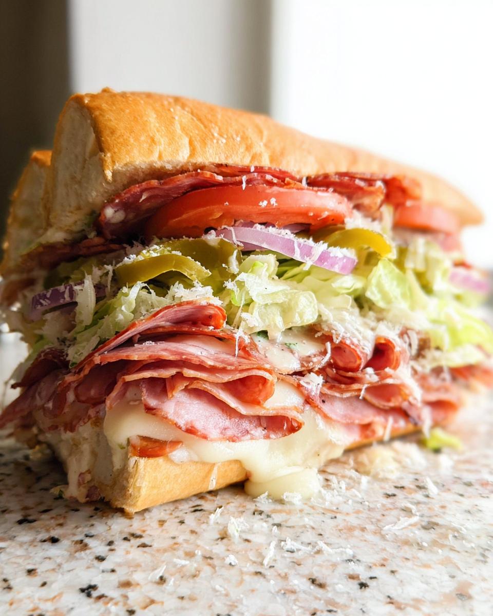 A delicious Italian Grinder Salad Sandwich overflowing with salami, ham, lettuce, tomatoes, onions, and cheese.