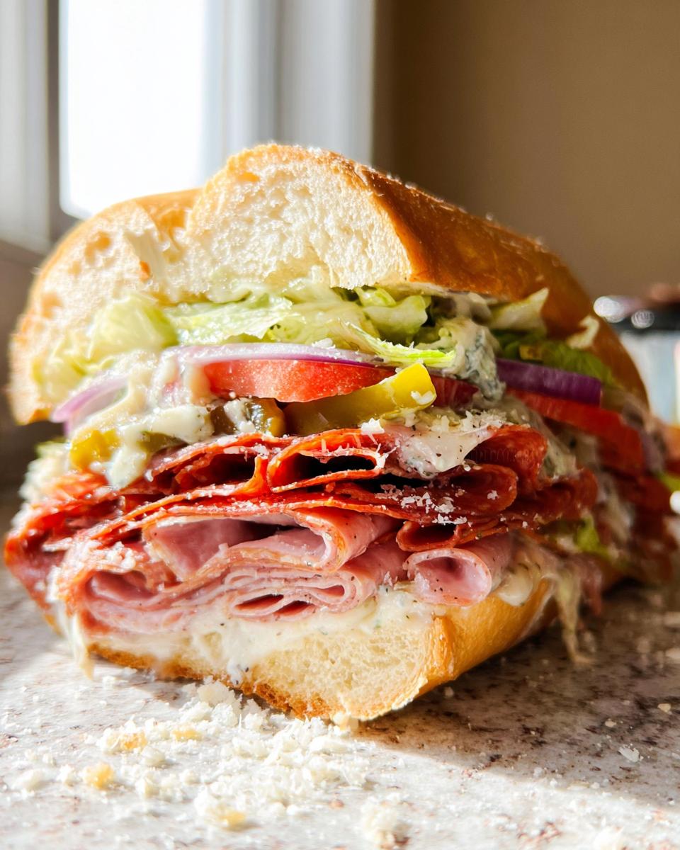 A close-up of a fully loaded Italian Grinder Salad Sandwich, showcasing layers of deli meats, fresh vegetables, and creamy dressing.