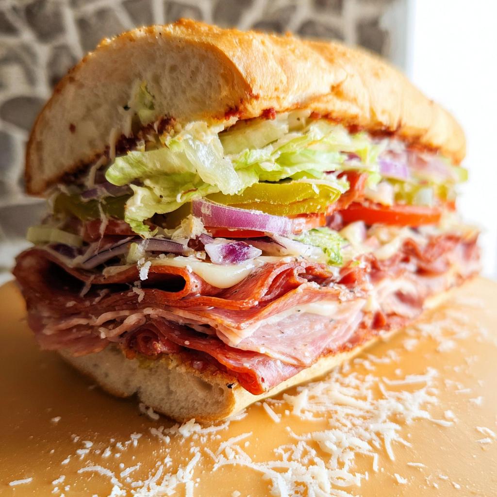 A delicious Italian Grinder Salad Sandwich overflowing with layers of cured meats, cheese, lettuce, tomatoes, onions, and pickles.