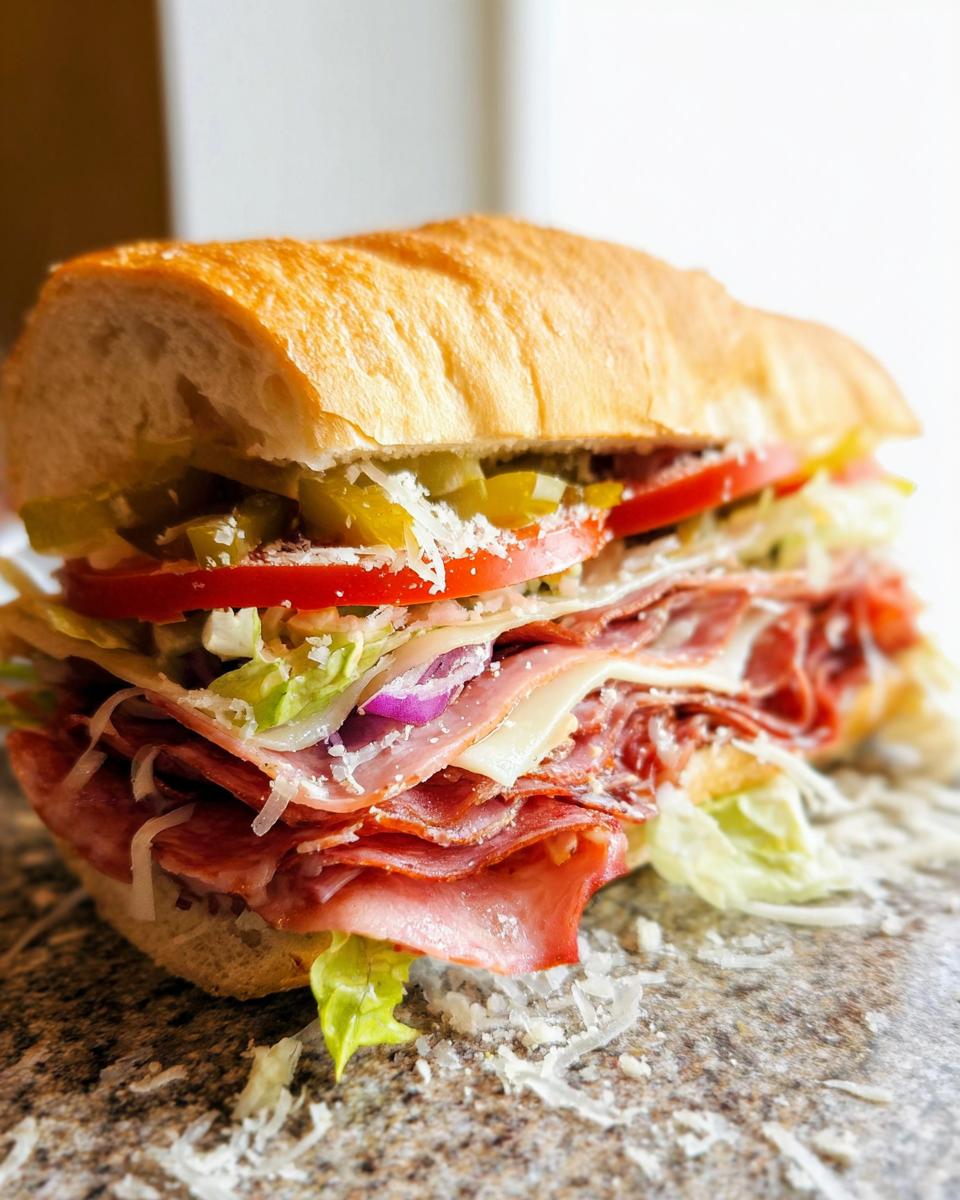 A close-up of a loaded Italian Grinder Salad Sandwich with layers of salami, ham, cheese, lettuce, tomato, onion, and pickles.