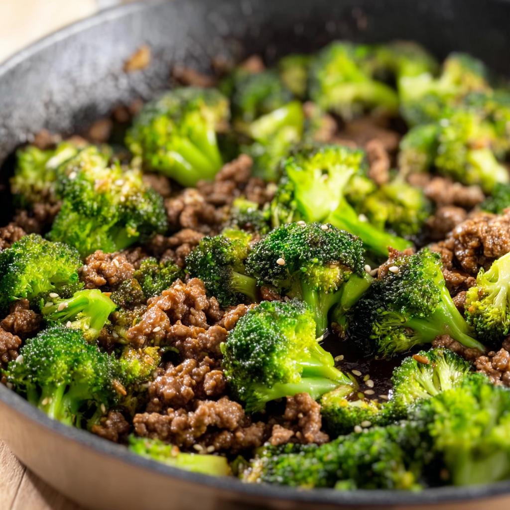 Close-up of a Keto Hamburger Broccoli Skillet in a cast iron pan, showing seasoned ground beef and vibrant broccoli florets.