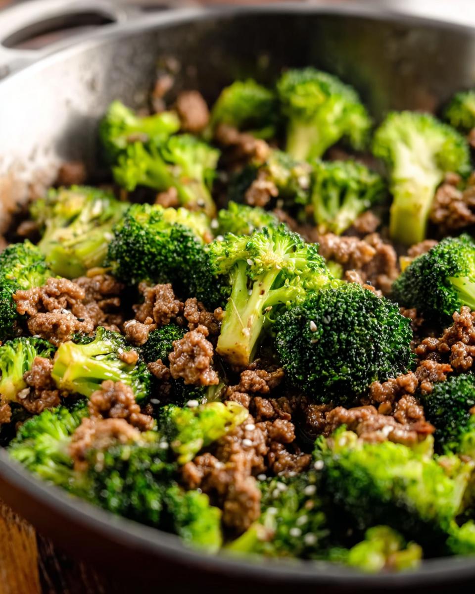 Close-up of a Keto Hamburger Broccoli Skillet in a pan, featuring seasoned ground beef and vibrant broccoli florets.