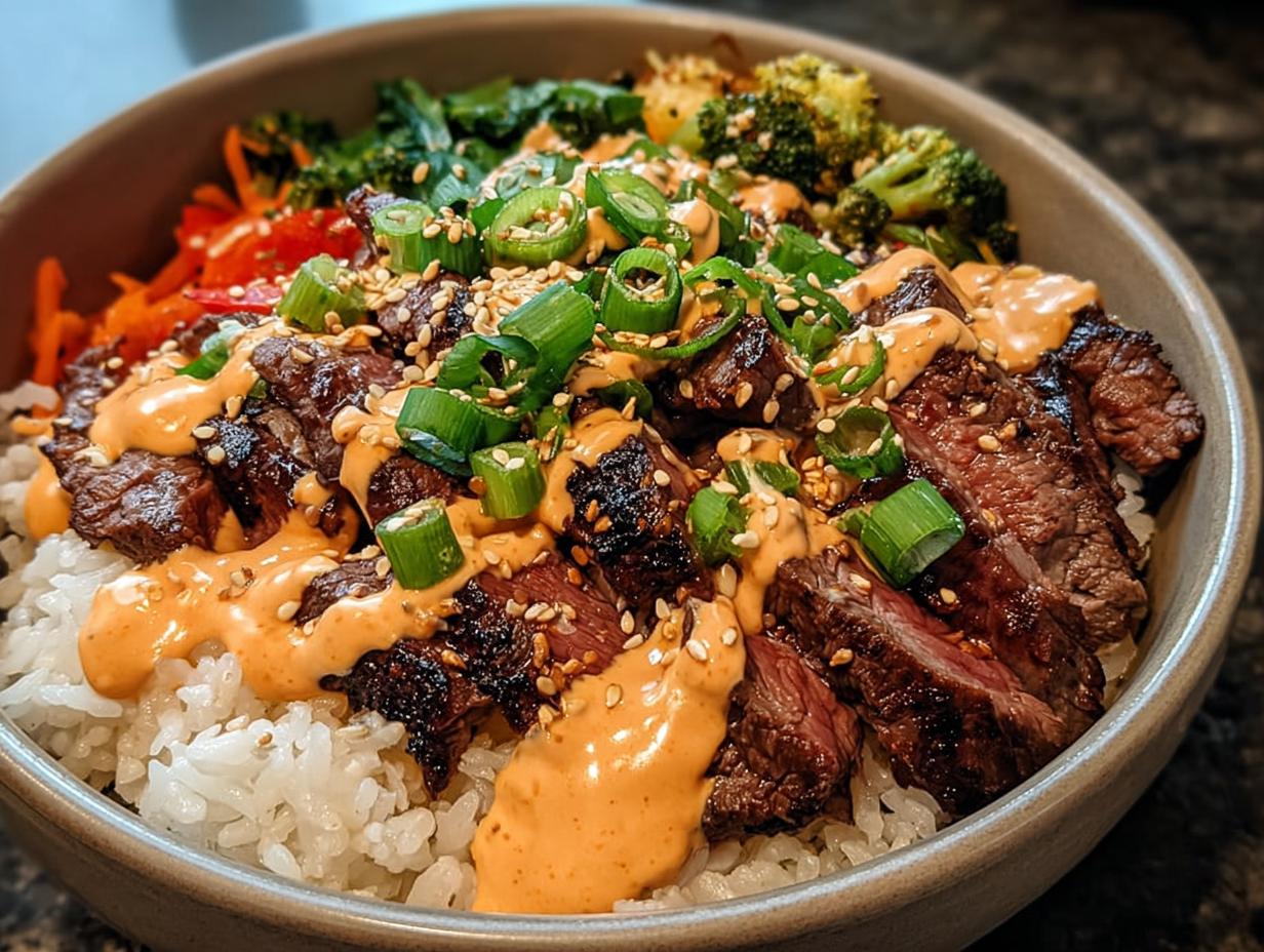 Close-up of Korean BBQ Steak Rice Bowls topped with spicy cream sauce, green onions, and sesame seeds.