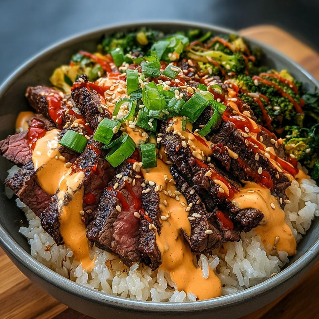 Close-up of Korean BBQ Steak Rice Bowls topped with spicy cream sauce, sesame seeds, and green onions.