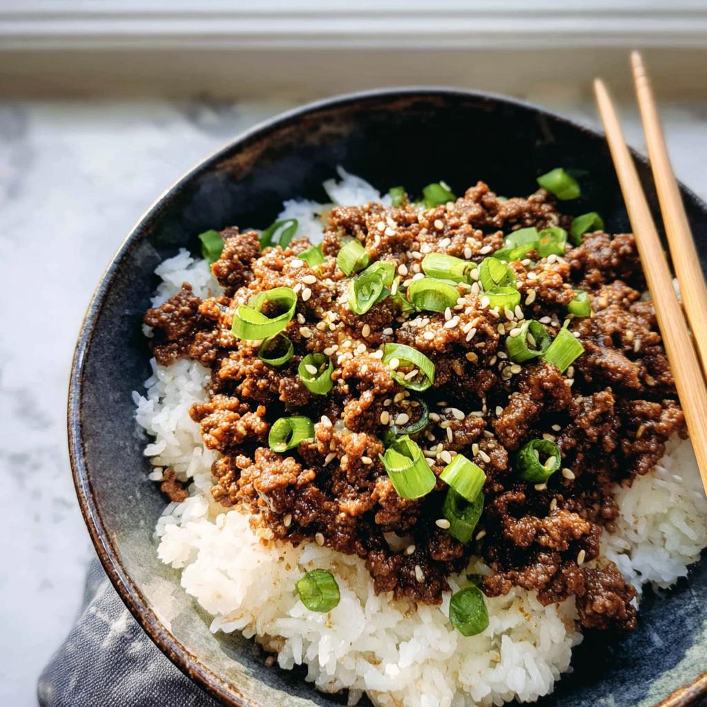 A close-up of a Korean Ground Beef Bowl, featuring seasoned ground beef over white rice, topped with green onions and sesame seeds.